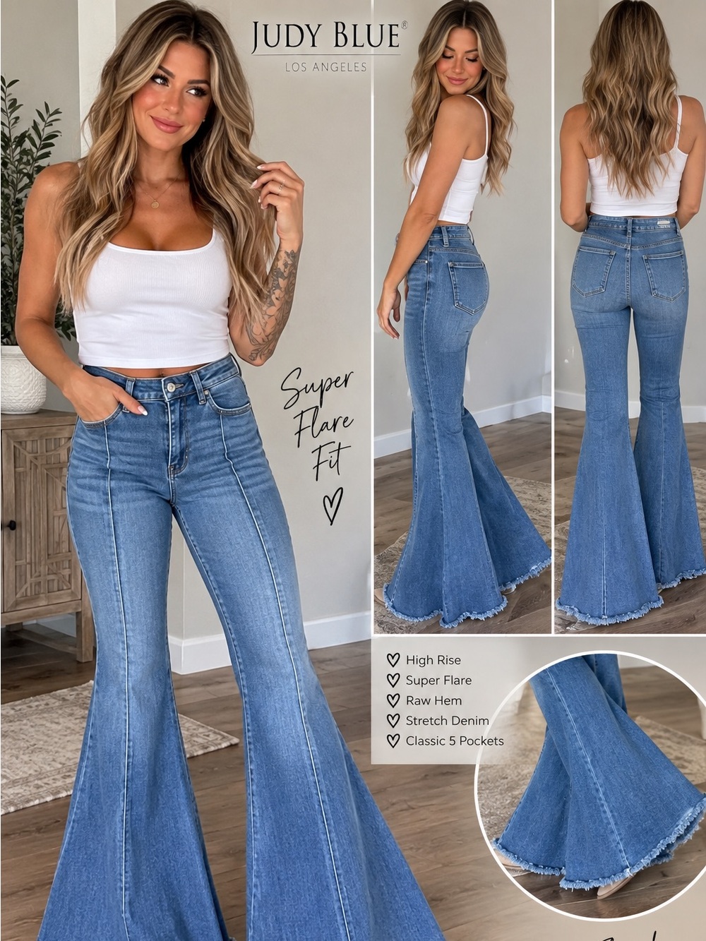 Judy Blue Super Flare Fit High Rise Raw Hem Flare Jeans Women’s 7/28